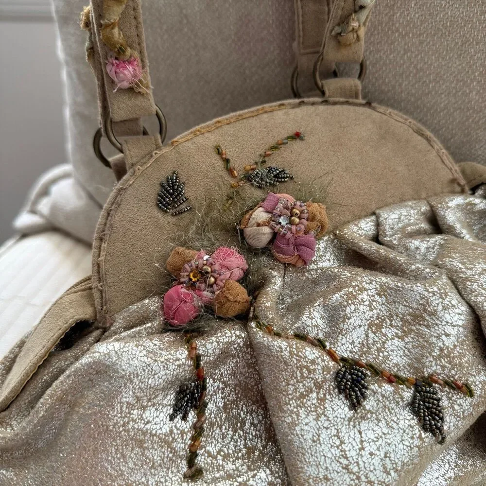 Mary Frances Vintage Embroidered Floral Beaded Handbag Metallic Gold/silver